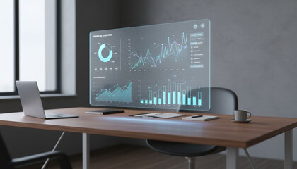 Naklejka premium Spatial computing floating frosted glass UI dashboard over office desk