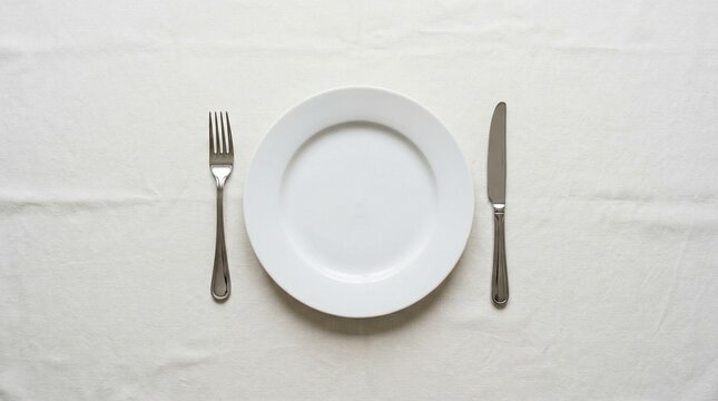 An overhead view of an empty white plate with a fork and knife placed on either side, set on a white tablecloth