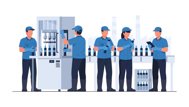 Beverage Production: The image portrays the seamless operation of a modern bottling factory, where diligent employees oversee the automated process of filling beverage bottles with precision and care.