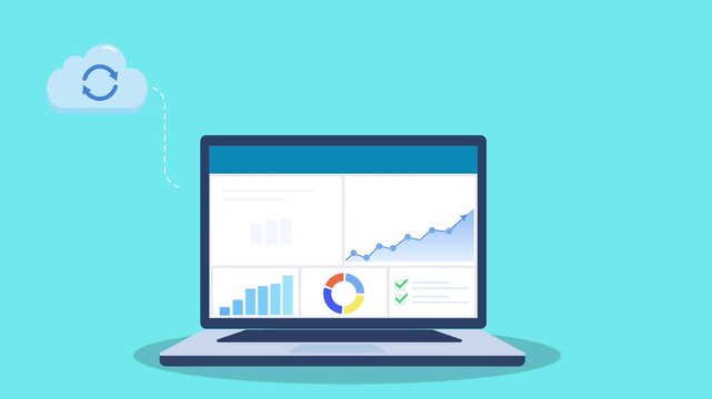 Flat animation of a laptop displaying analytics dashboard with cloud sync completing into success checkmark and rising charts, illustrating data synchronization and performance monitoring.