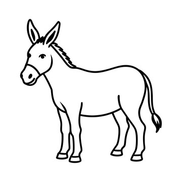 Cute cartoon donkey standing profile view simple outline drawing, farm animal vector illustration