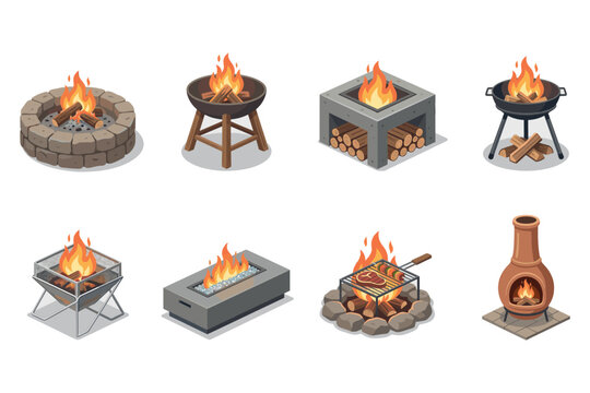 Fire Pit Icons Set &ndash; Outdoor Fireplace Flat Vector Collection