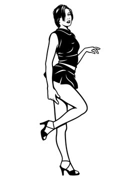 Posing Pin Up Girl. Black and white vector clipart in pop art style.