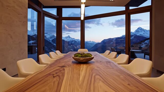 Modern dining room with wooden table and white chairs, showcasing panoramic mountain views through large windows during twilight hours in a contemporary home setting