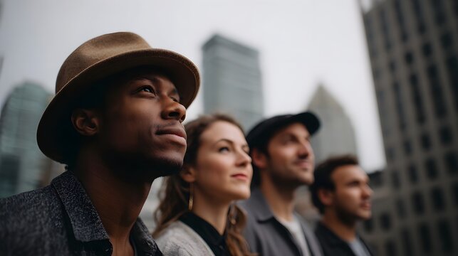 A diverse group of individuals stands in an urban setting looking upwards with thoughtful expressions symbolizing collective aspi ns against a city