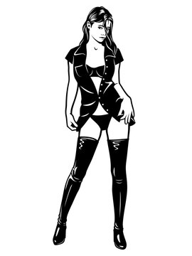 Hot Pin Up Girl. Black and white vector clipart in pop art style.