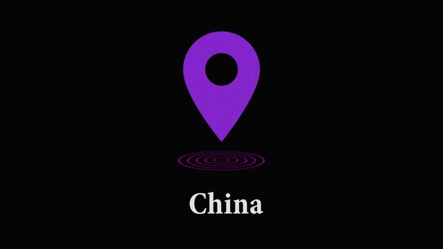 Purple map pin icon with ripple effect and the word china below it on a black background, motion graphics location marker gps point
