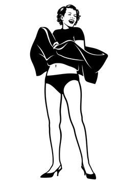 Playful Pin Up Girl. Black and white vector clipart in pop art style.