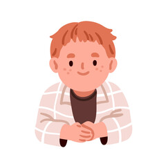 Cute boy smiling. Redhead child character with freckles. Happy elementary schoolkid, little adorable school kid portrait, sitting. Flat vector illustration isolated on white background