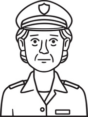 Obraz premium Hand Drawn Elderly Female Police Officer Black and White Illustration in Minimal Line Art Style Design