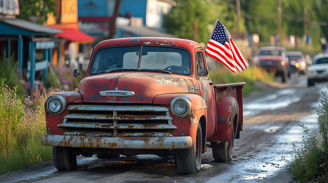 Rusty truck parked on a dirt road with an American flag waving in a small town during the daytime in summer months