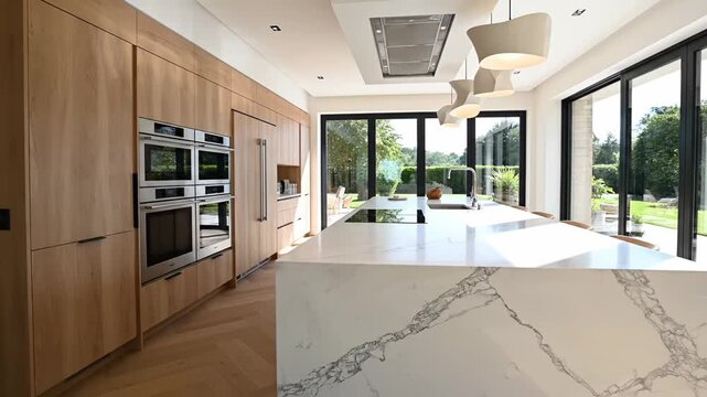 Modern kitchen interior featuring sleek cabinetry, marble island, and large windows showcasing outdoor greenery in a bright, spacious environment with natural light