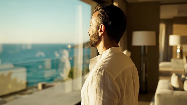 Male figure in white shirt gazes out at ocean view from modern interior, sunlight illuminating the space, showcasing elegant decor and serene atmosphere