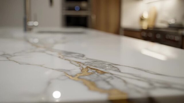 Close-up macro lens view of a luxurious marble countertop with intricate gold veining, showcasing the smooth surface and reflections in a modern kitchen setting