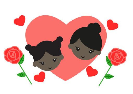 母の日　ハートの中に描かれた黒人の女の子とお母さんとバラのイラスト