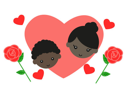 母の日　ハートの中に描かれた黒人の男の子とお母さんとバラのイラスト