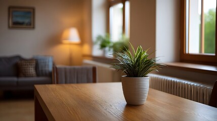 Fototapeta premium A wooden table with a potted green plant in the foreground set against a softly blurred living room interior