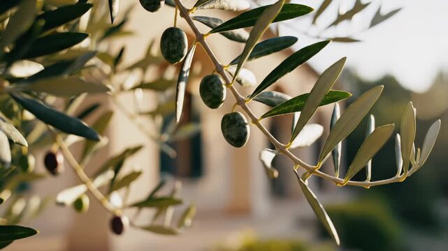 Close-up view of olive branch with ripe olives and green leaves, showcasing the natural beauty of the Mediterranean landscape in soft sunlight against a blurred background