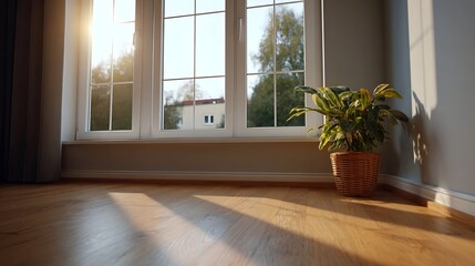Fototapeta premium Sunlight streaming through a window into a bright modern room with a potted plant and wooden floor
