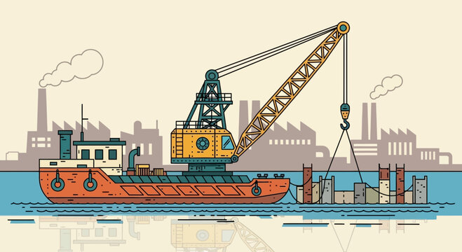 Crane barge loading cargo at industrial waterfront with factories in background