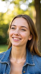Naklejka premium Joyful Portrait of a Smiling Young Woman in Sunlight