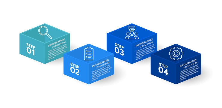 Isometric vector illustration of 4-step sequence for data visualization.
