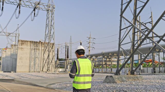 Power substation inspection by engineer wearing safety vest and hardhat monitoring high voltage transmission line equipment utility electrical