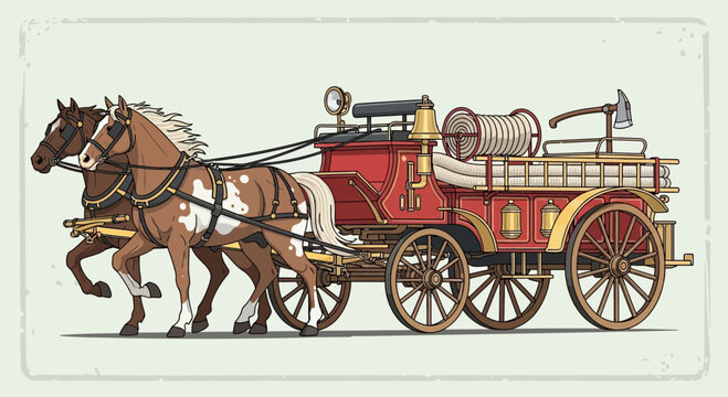 Vintage horse-drawn fire engine with axe and hose, historical firefighting equipment