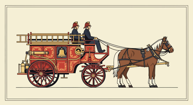 Vintage Horse-Drawn Fire Engine with Firefighters
