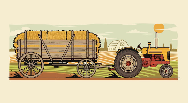 Vintage tractor pulling hay wagon in a field during harvest season