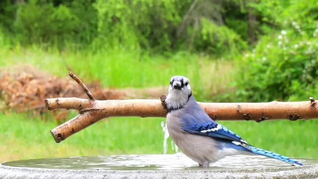 A blue jay perches on a wooden surface in a serene natural setting, captured in a video showcasing its vibrant feathers and peaceful surroundings.