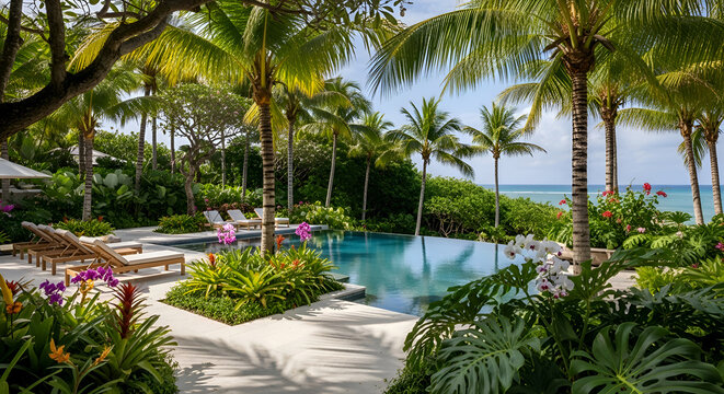 Tropical resort pool with palm trees.