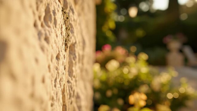 Close-up view of textured stone wall with shallow depth of field, revealing vibrant flowers and greenery in a sunny garden setting