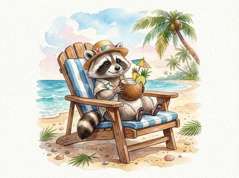 Cute watercolor racoon in beautiful wooden lounge chair drinking coconut cocktail on beach on white background.