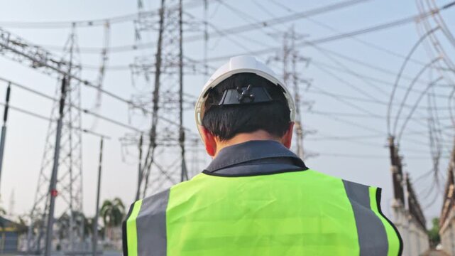 Power line electrical worker inspection at utility substation, high voltage safety grid engineer in hard hat and reflective vest, back view