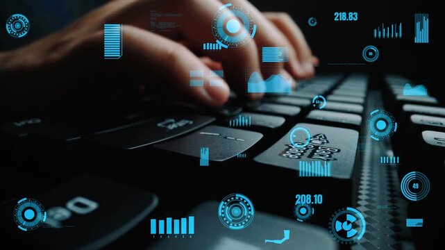 Close-up view of hands typing on a keyboard surrounded by futuristic data visualizations and graphs. This image conveys themes of technology, innovation, and digital analysis. Xenic