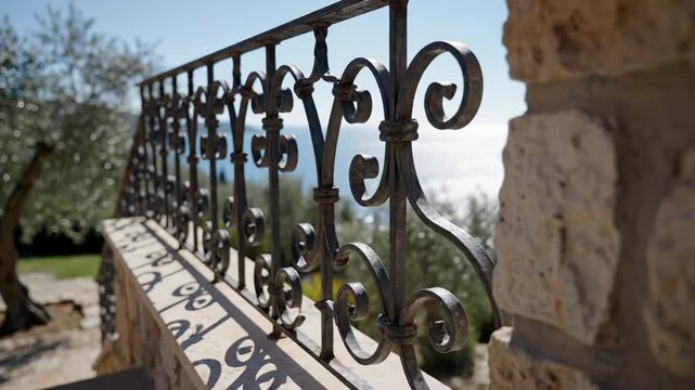 Close-up view of ornate wrought iron railing with intricate designs, showcasing shadows cast on stone steps and a scenic coastal background under bright sunlight