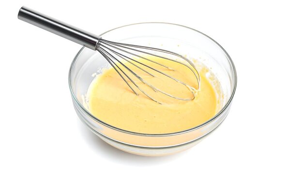 Close-up shot of a transparent bowl filled with creamy yellow batter, with a whisk resting inside. The background is white