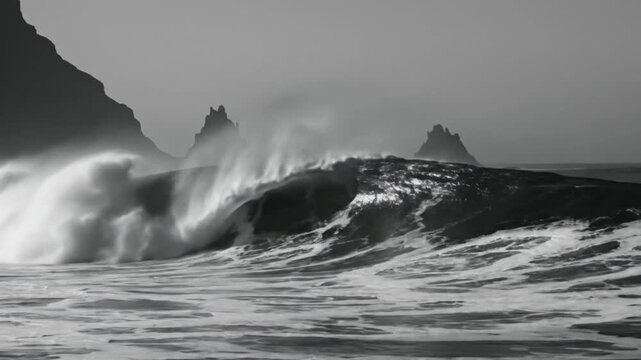 Epic monochrome ocean wave breaking with mist and coastal rock formations captured from a low angle.