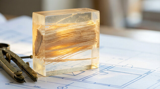 High-end deep tech Semi-transparent balsa wood polymer composite block on blueprints for energy-neutral building design and carbon-negative mater
