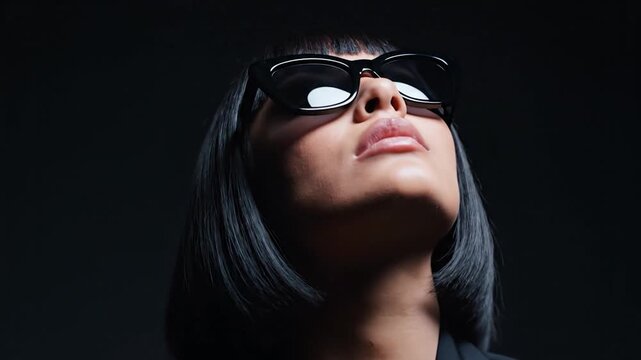 Stylish Woman with Bob Haircut and Sunglasses Posing Confidently in Studio.