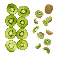 Fototapeta premium Flying fresh green kiwi fruit round slices set isolated on transparent background. Falling juicy cut kiwifruit pieces for food design