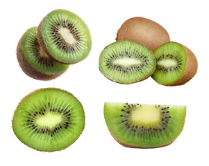 Fototapeta premium Sliced green kiwi fruit collection with quarter wedge and halves isolated on transparent background. Fresh raw organic ingredient