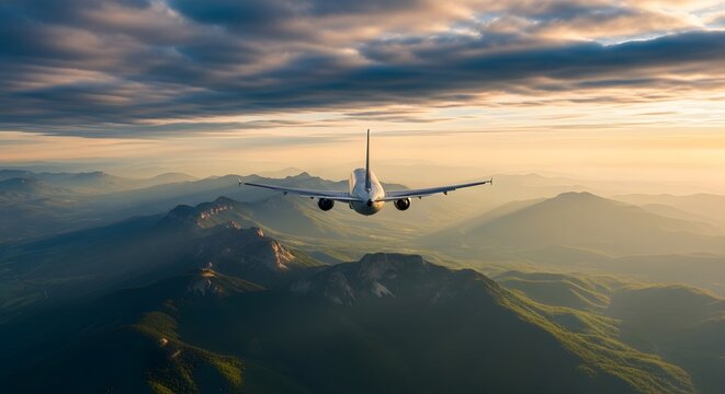 Airplane Flying Above Clouds at Sunset Representing Air Travel, Aviation Industry, Global Transportation, Tourism, and Journey Concept