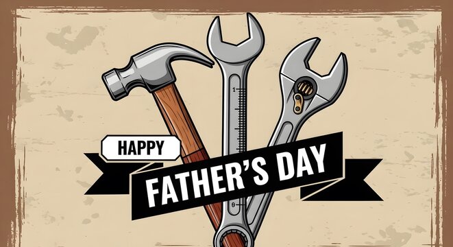 Happy fathers day card with tools and banner on beige background