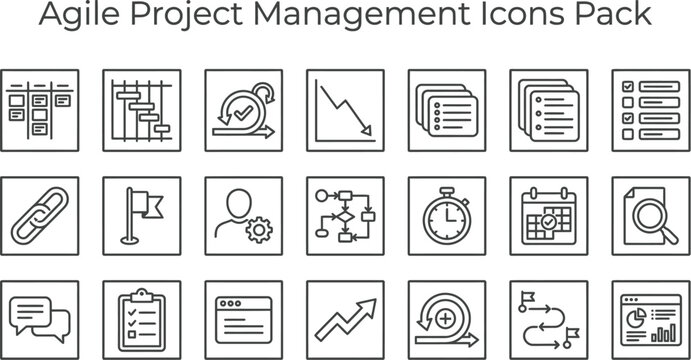 A comprehensive collection of agile project management icons, featuring essential tools and concepts for software development, business strategy, and workflow planning.