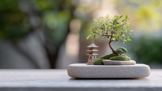 Miniature Japanese garden built around jade podium with bonsai trees and pagoda.