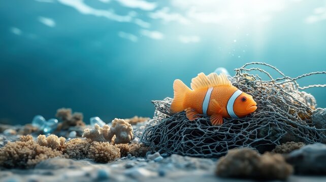 Coral reef choked by plastic waste, dead fish entangled in fishing net.