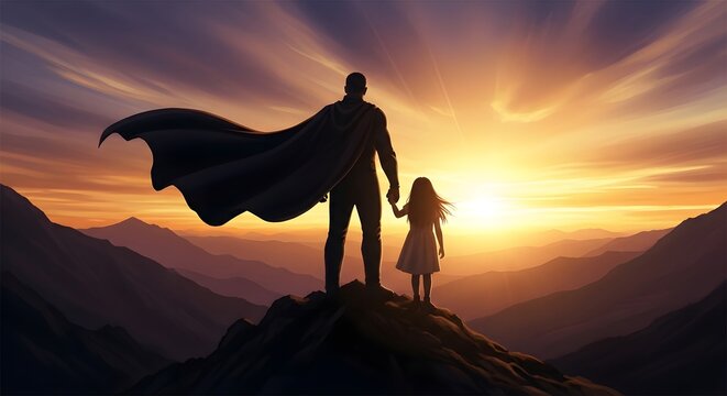 Silhouette of a man in a cape standing on a mountain with a little girl at sunset
