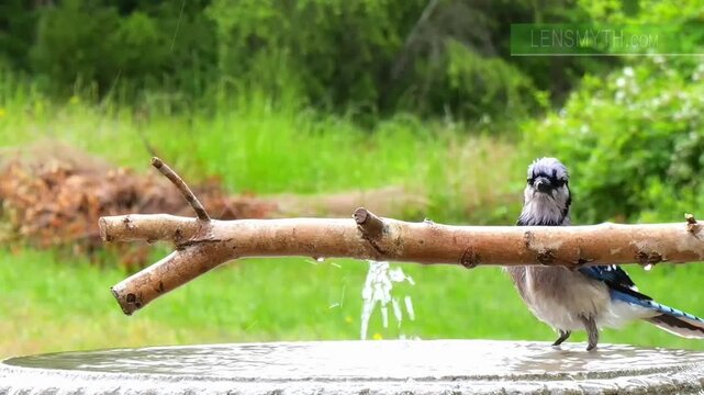 A blue jay perches on a branch in a lush green garden during a rainy day in a serene natural setting video